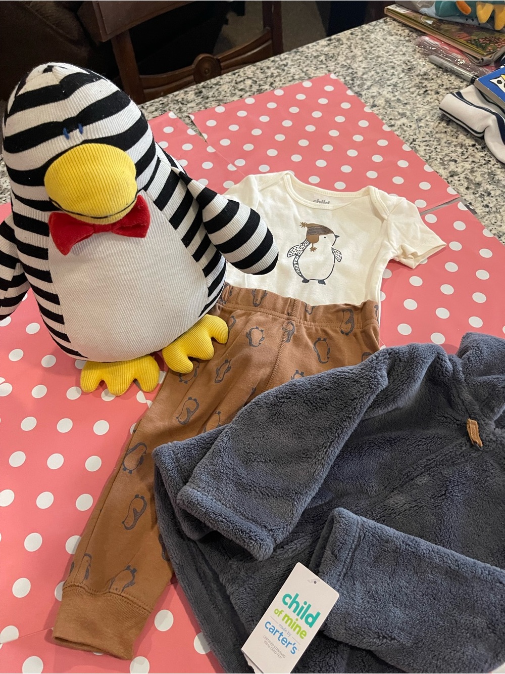 Child of Mine by Carter's Penguin Graphic Onesie & Cozy Set - Cream, Brown, Gray